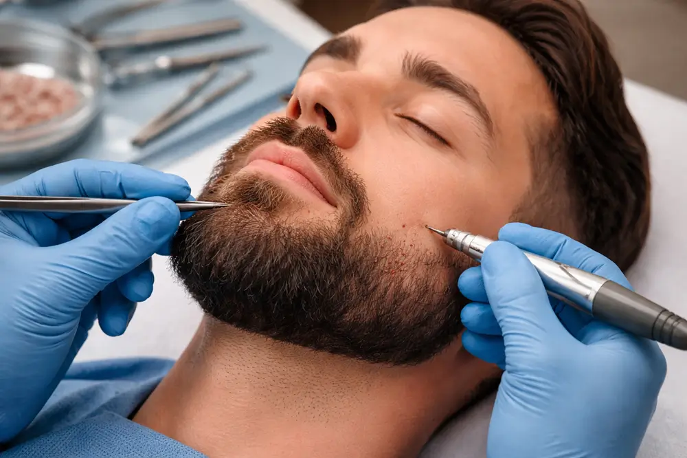 Transplante de barba preenchendo as falhas para uma barba cheia