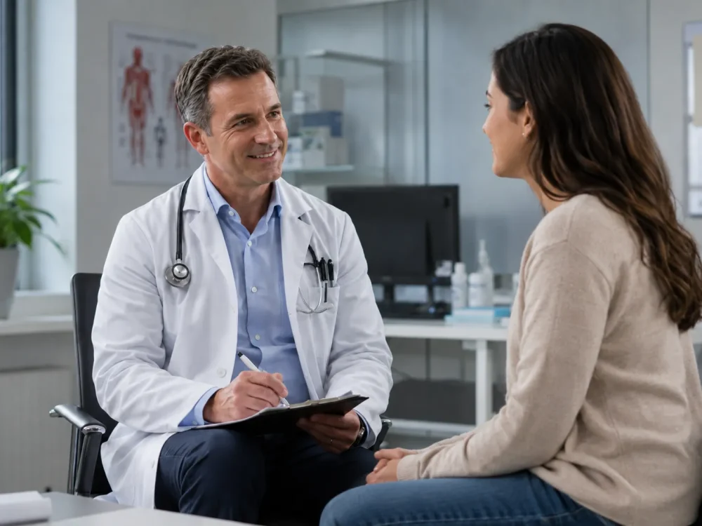 Médico em consulta de avaliação de cirurgia de mama.