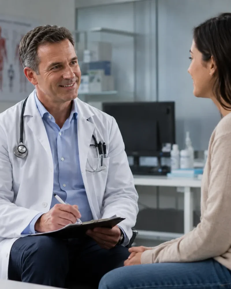 Médico em consulta de avaliação de cirurgia de mama.