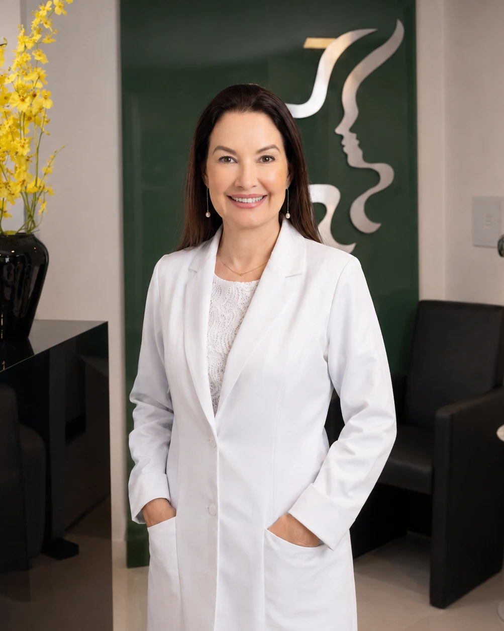 Dra. Janaina Barbaresco, dermatologista, na recepu{e7}u{e3}o da Clu{ed}nica Art Corporis em Brasu{ed}lia