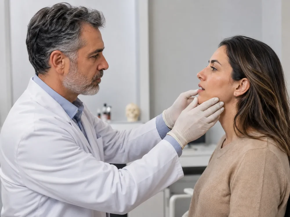 Médico avaliando as proporções do queixo em consulta.