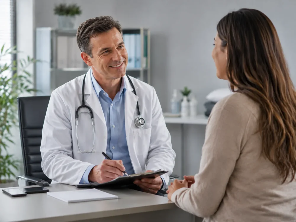 Médico conversando com paciente em consulta de avaliação.