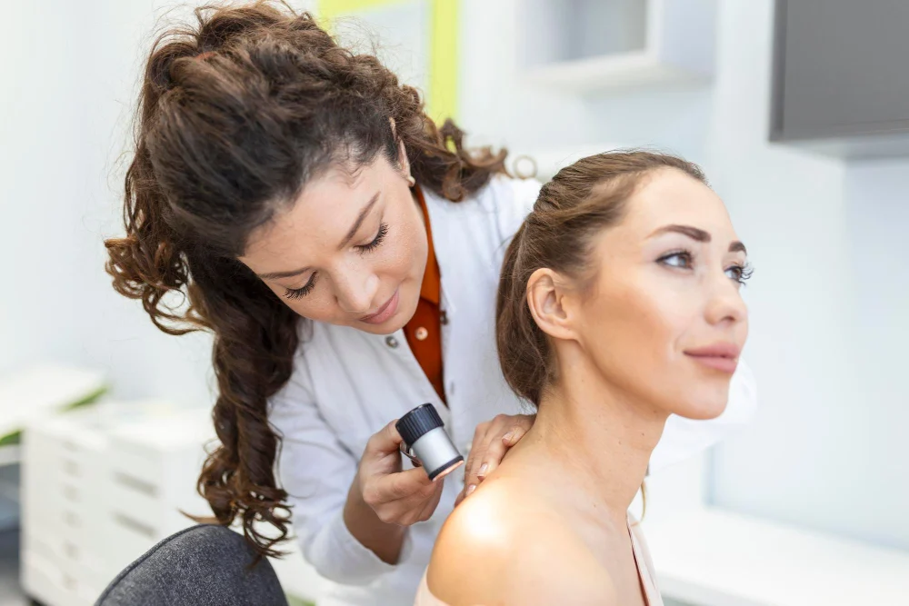 Dermatologista examinando a pele do ombro com dermatoscópio.