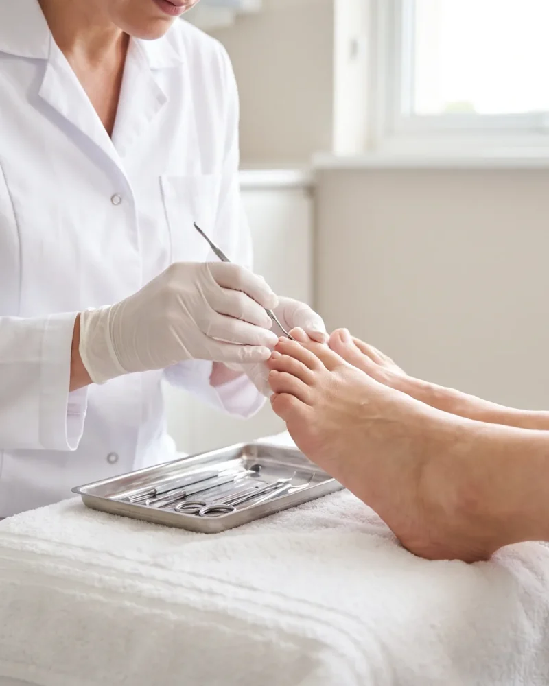 Profissional com luvas fazendo cuidado dos pés.