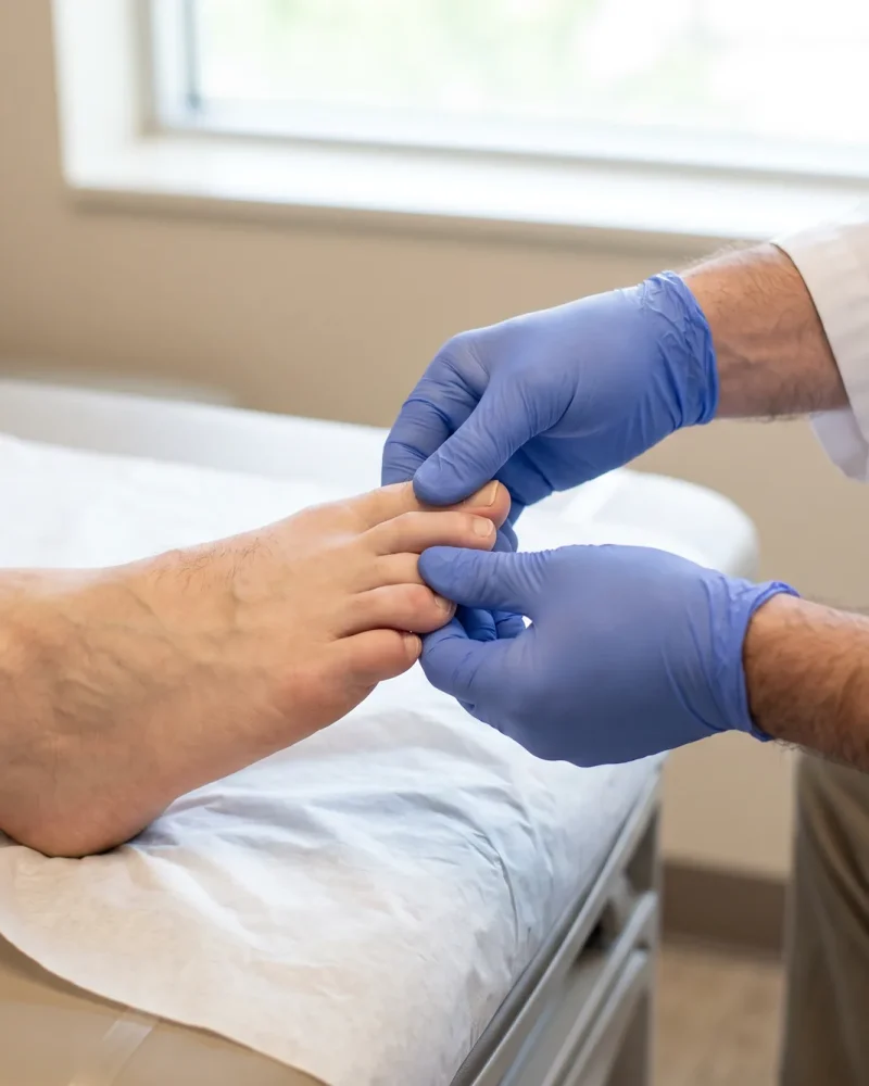 Profissional examinando os dedos do pé de uma paciente.