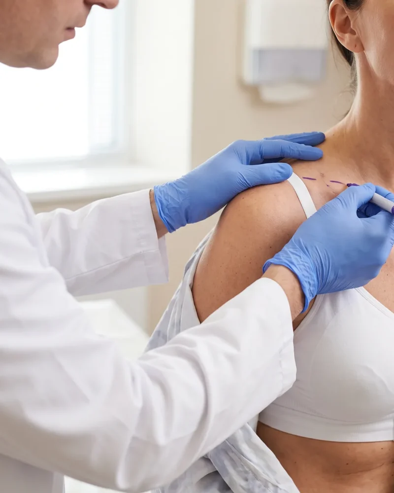 Médico marcando a região das mamas antes de cirurgia.