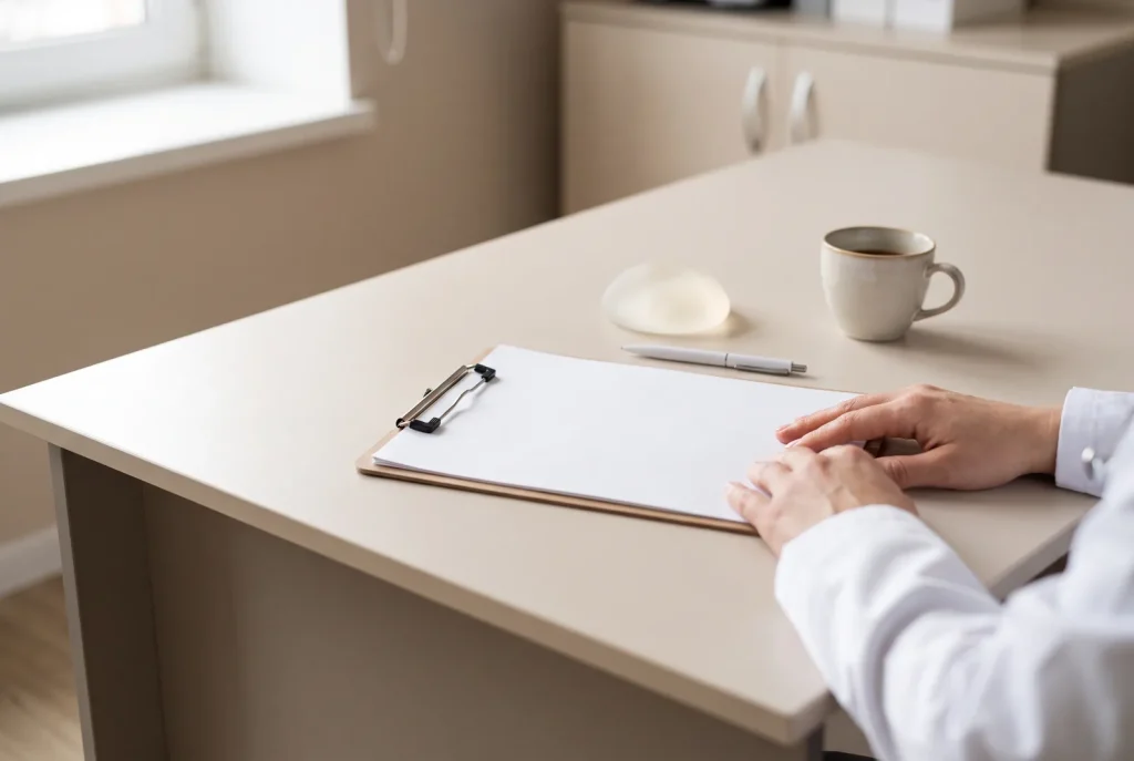 Mesa de consultório com prancheta e implante de silicone, usada para explicar o orçamento de uma cirurgia.