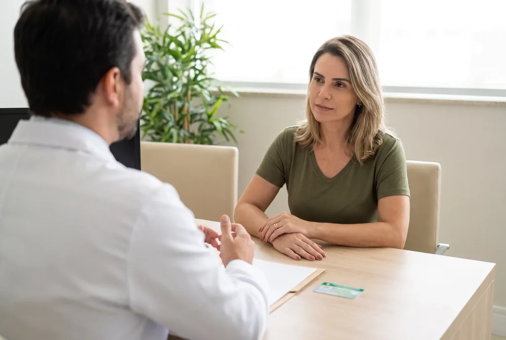 Paciente e cirurgião plástico conversando sobre plano de saúde em consultório.