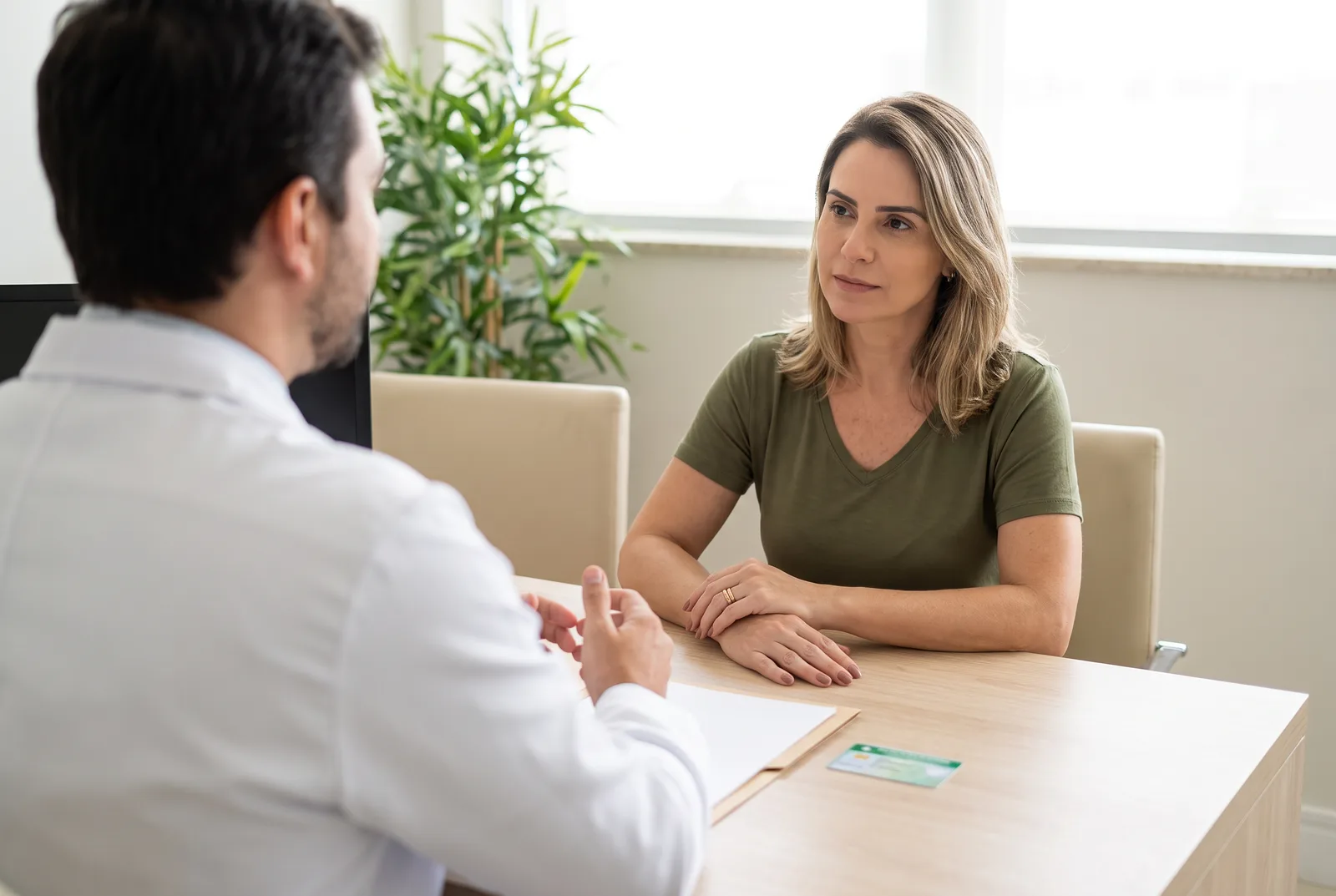 Paciente e cirurgião plástico conversando sobre plano de saúde em consultório.