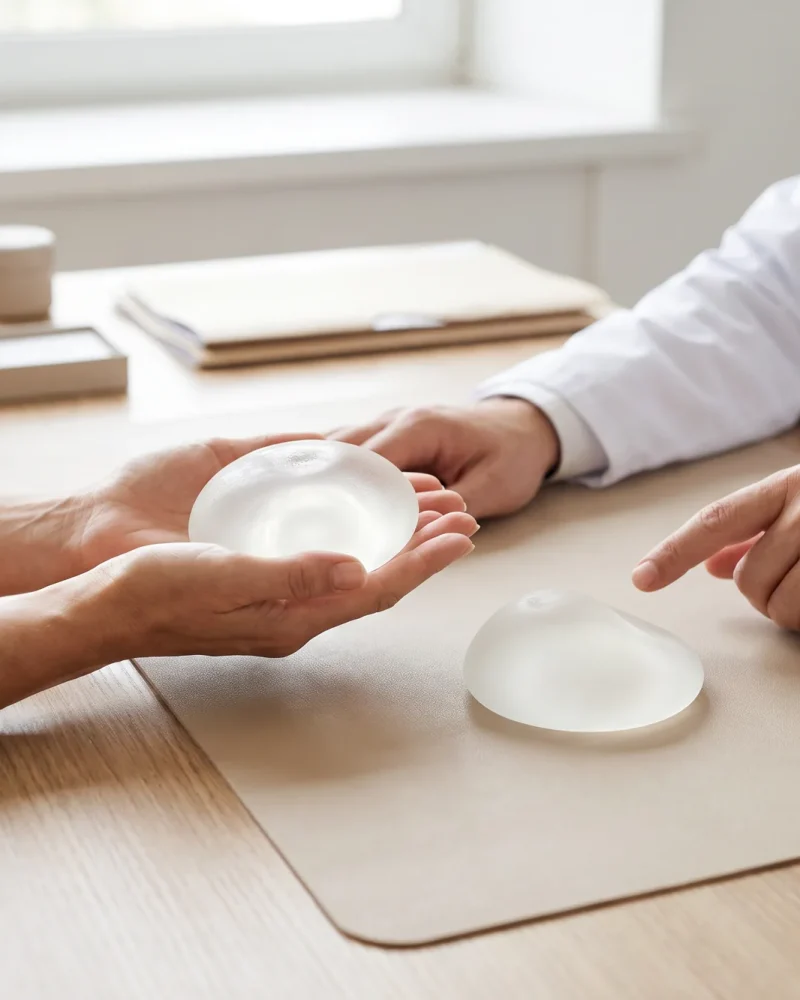 Prova de implantes de silicone em consulta.
