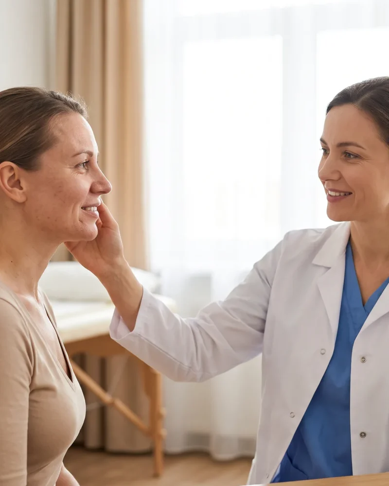 Consulta de retorno após cirurgia facial.